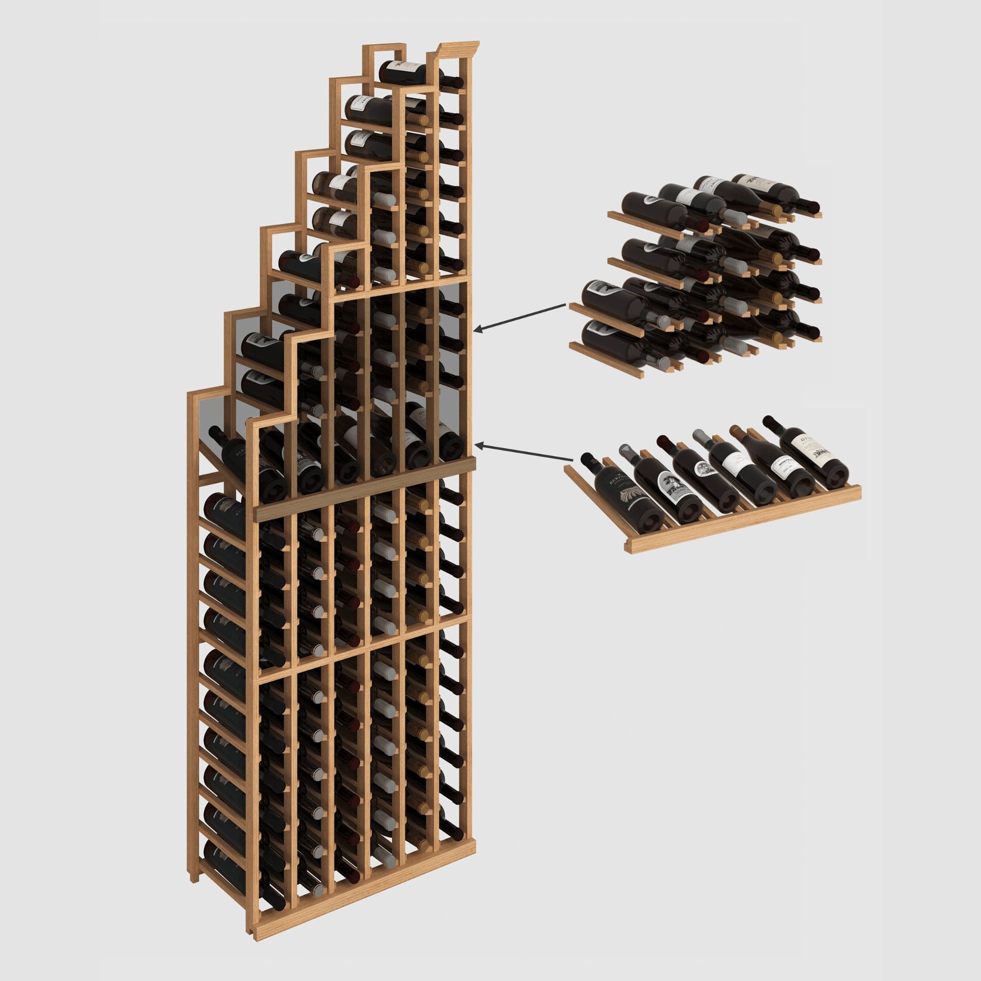 left cascading wine rack with bottle arrangement display - Genuwine Cellars Shop