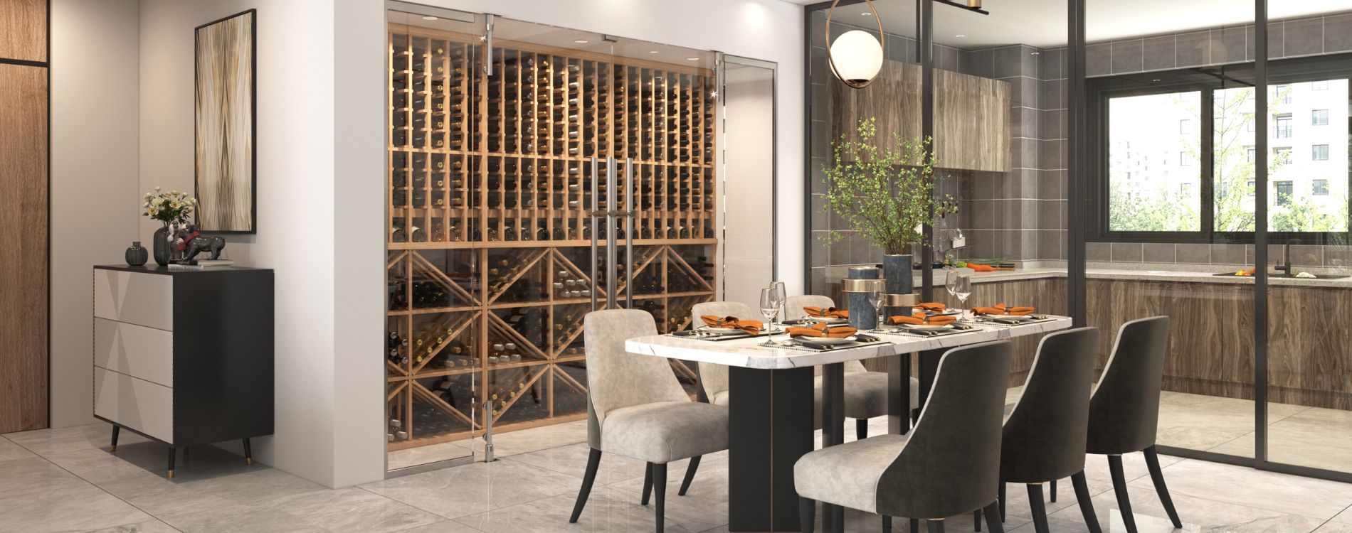 Dining Room Wine Storage. Custom Glass Wine Cellar with Wooden Kitchen Racks