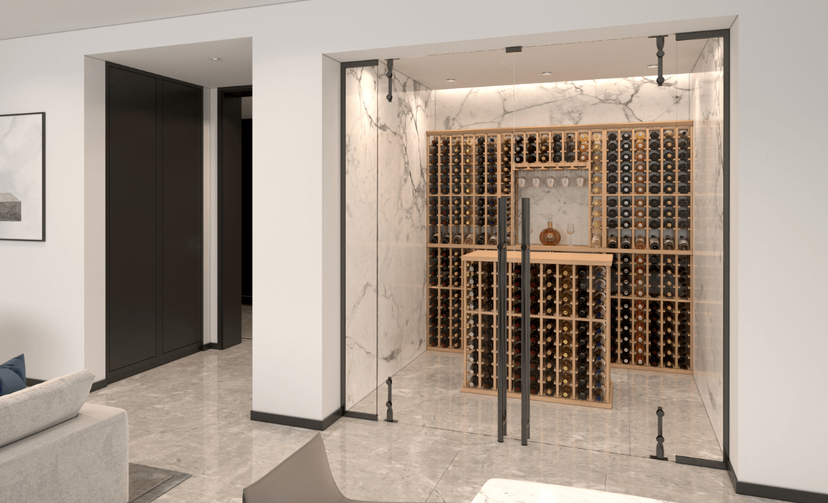 Cherry wine rack with tasting display in custom wine cellar