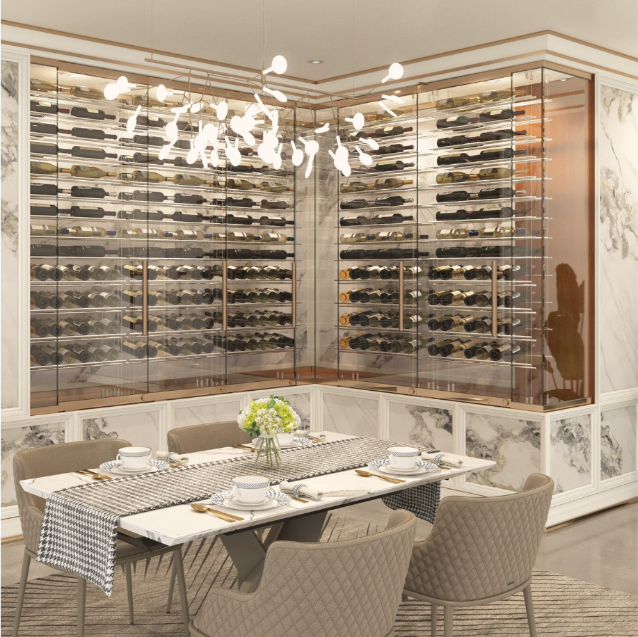modern wine wall with floating lable line racks