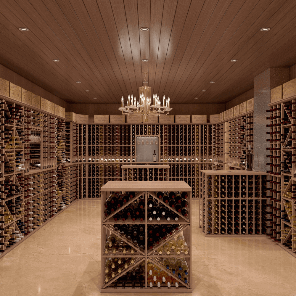 wine cellar design with full-height open case storage rack 