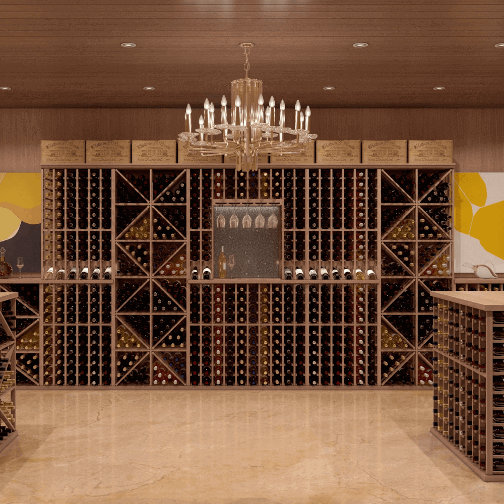 wine cellar traditional design with angled bottle display row rack