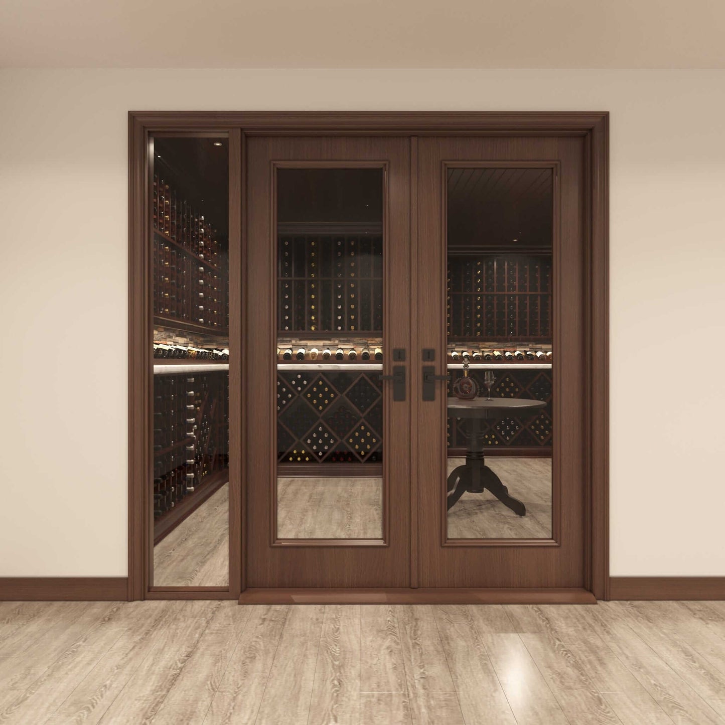 wood wine cellar glass door designed by Genuwine Cellars