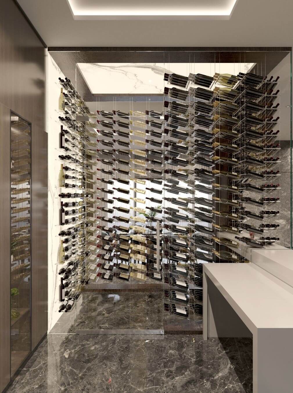 contemporary wine room with floating wine racks by genuwine cellars