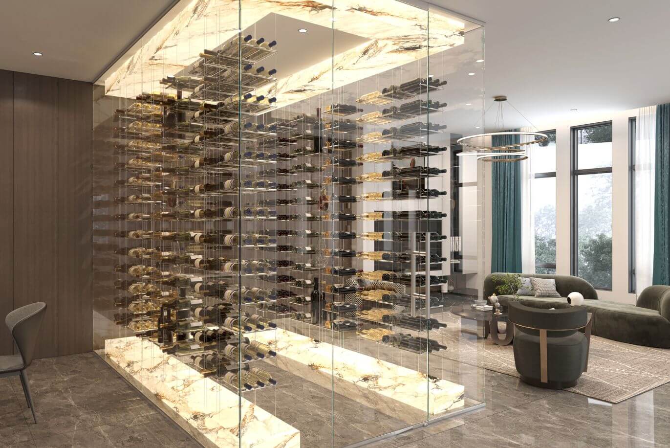 Contemporary wine display with Lumina cable wine rack designed by genuwine cellars